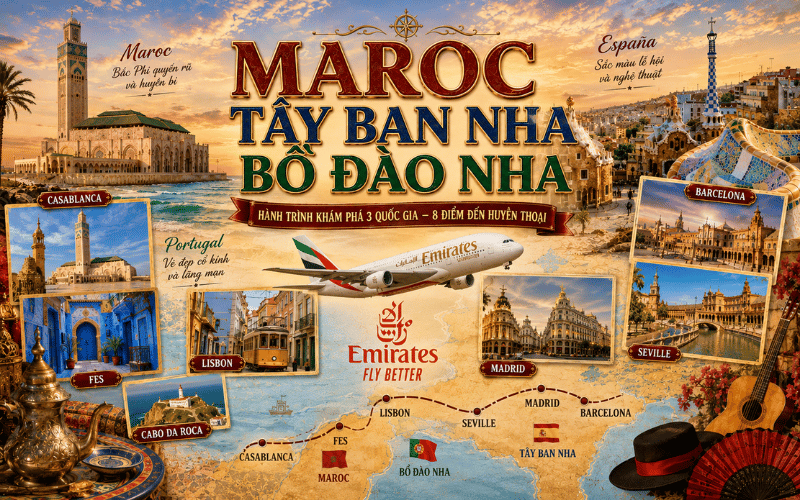 MAROC –TÂY BAN NHA - BỒ ĐÀO NHA 13N12Đ<br>Bay Emirates Airlines