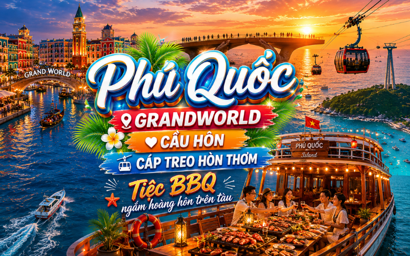 PHÚ QUỐC 3N2Đ<br>GrandWorld - Cầu Hôn - Cáp treo Hòn Thơm - Tiệc BBQ